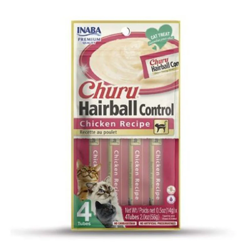    - High-fiber cat food  Inaba Hairball Control Churu Chicken Cat Treats 4pk