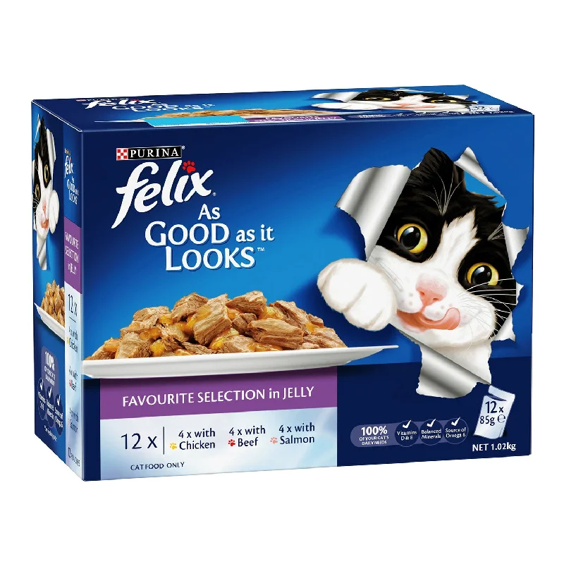 - Fish-based cat food Felix Favourite Selection in Jelly Adult Wet Cat Food Pouches 12x85g - Fish-based cat food Felix Favourite Selection in Jelly Adult Wet Cat Food Pouches 12x85g