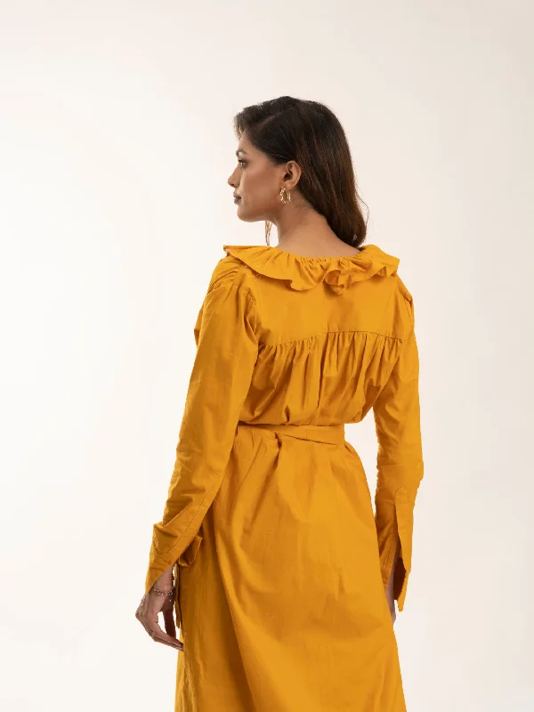 Mustard Yellow Knee length 100% cotton frill dress