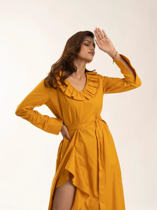 Mustard Yellow Knee length 100% cotton frill dress