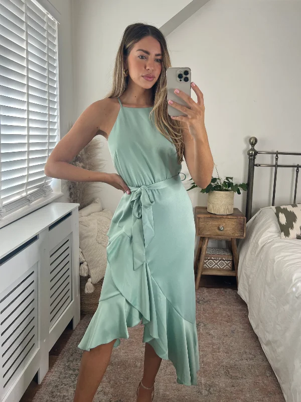 Ariana Halter Frill Dress / Sage