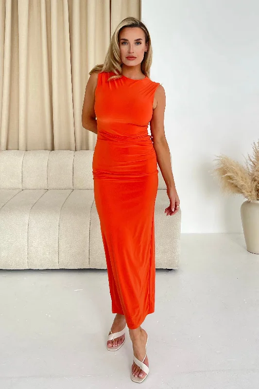 Aya Sleeveless Bodycon Midi Dress in Orange