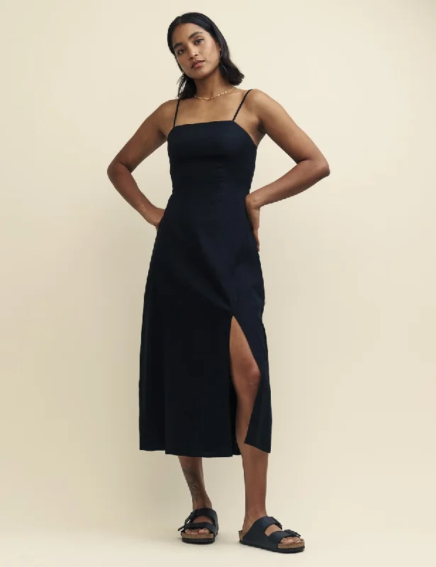 Black Linen-blend Maddy Midi Dress