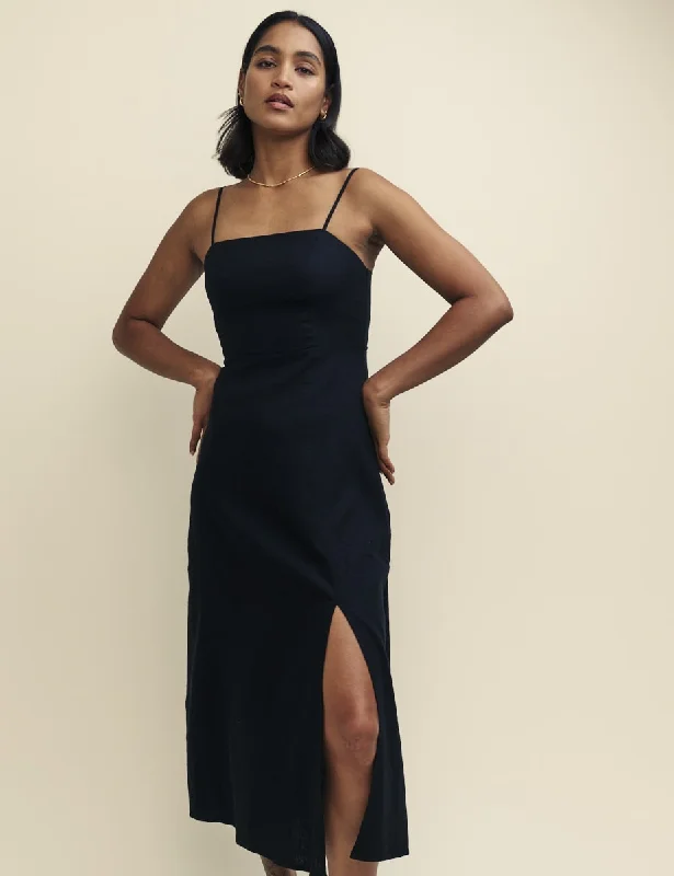 Black Linen-blend Maddy Midi Dress