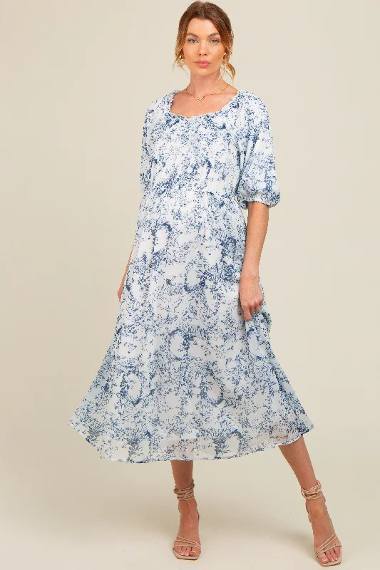 Blue Floral Square Neck Short Puff Sleeve Maternity Midi Dress