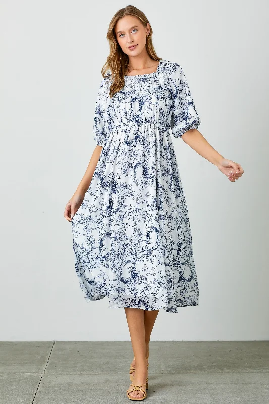 Blue Floral Square Neck Short Puff Sleeve Maternity Midi Dress