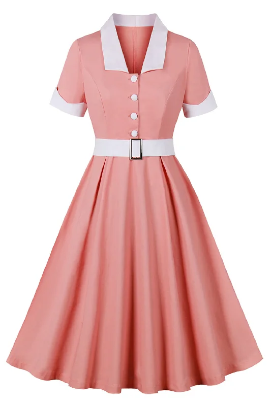 Blush Lapel Neck A Line Vintage 1950s Dress