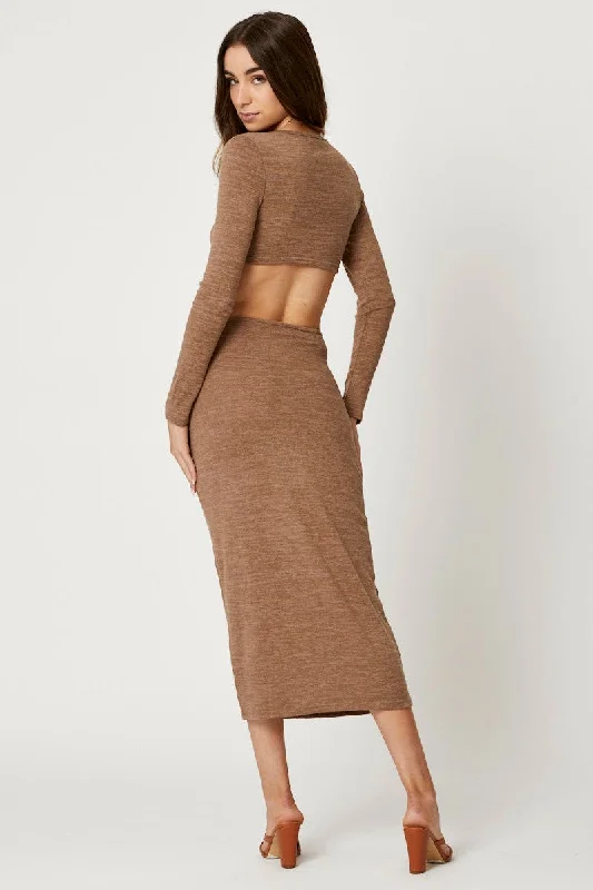 Brown Cut Out Midi Dress