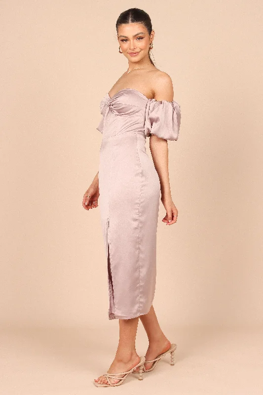 Dahlia Off Shoulder Puff Sleeve Midi Dress - Lilac