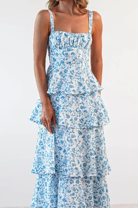 Emily Floral Ruffle Maxi Dress | Blue/White