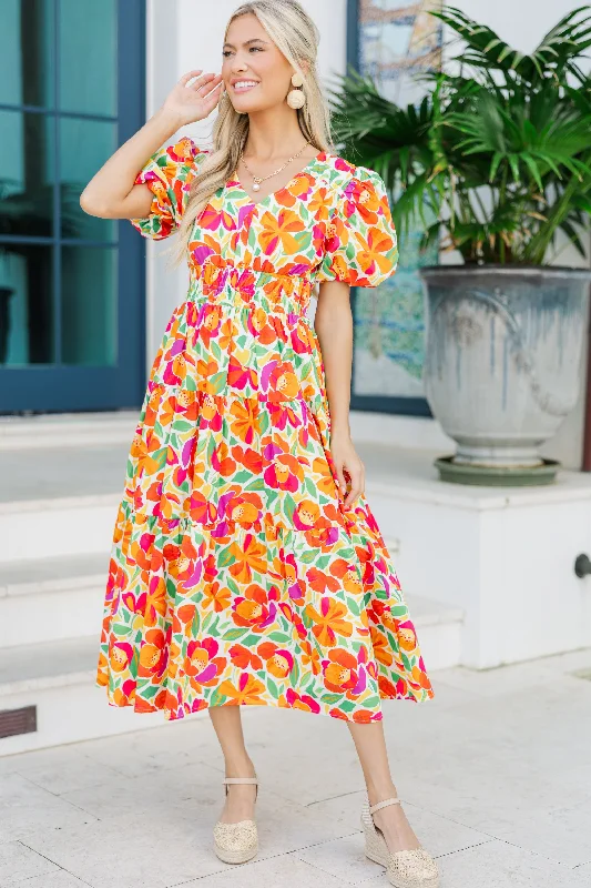 Fate: First Hand Coral Orange Floral Midi Dress