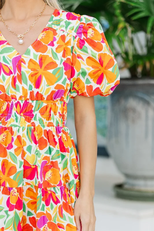 Fate: First Hand Coral Orange Floral Midi Dress