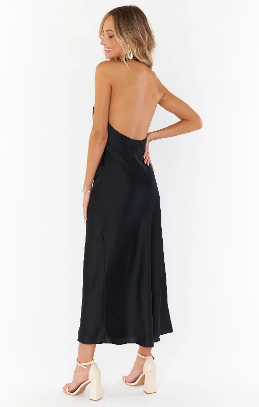 Jasmine Halter Midi Dress ~ Black Luxe Satin