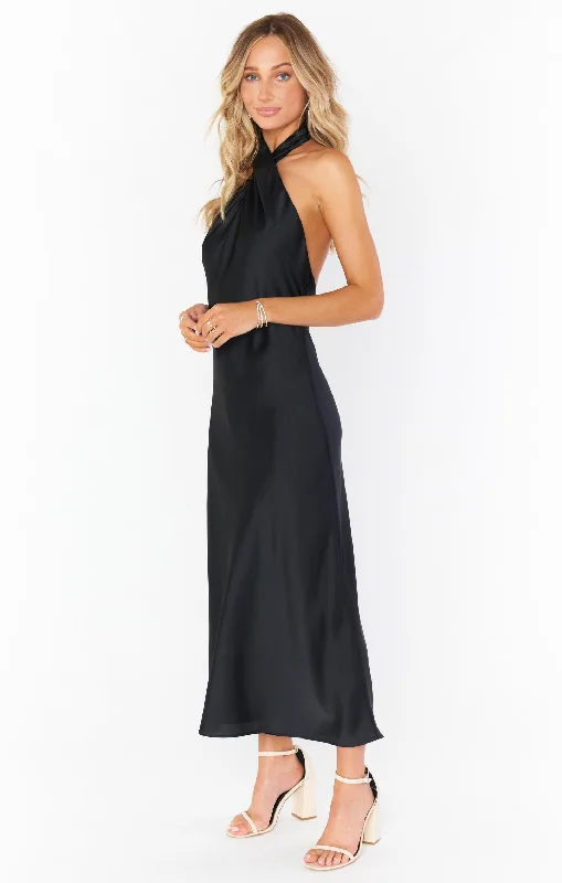 Jasmine Halter Midi Dress ~ Black Luxe Satin