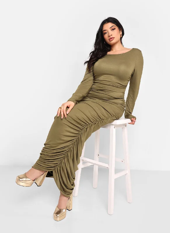 Jennifer Ruched Side Maxi Bodycon Dress - Olive