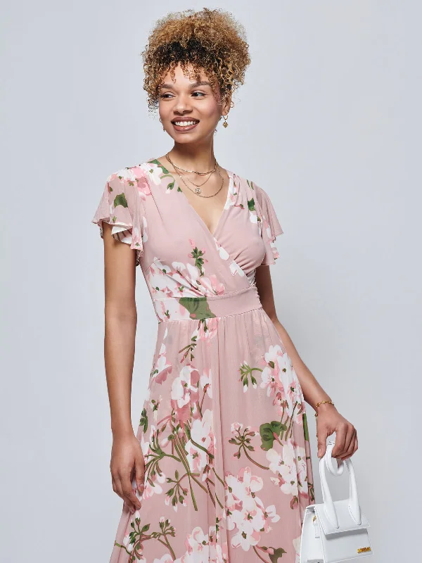 Jolie Moi Eleanor Wrap Mesh Maxi Dress, Pink Floral