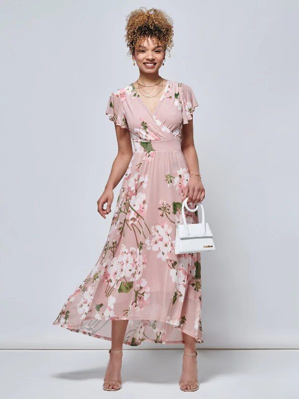 Jolie Moi Eleanor Wrap Mesh Maxi Dress, Pink Floral