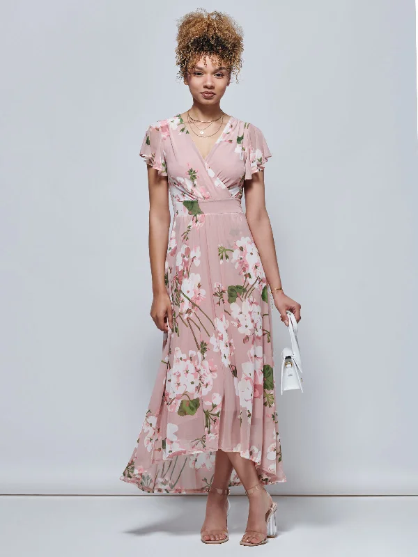 Jolie Moi Eleanor Wrap Mesh Maxi Dress, Pink Floral