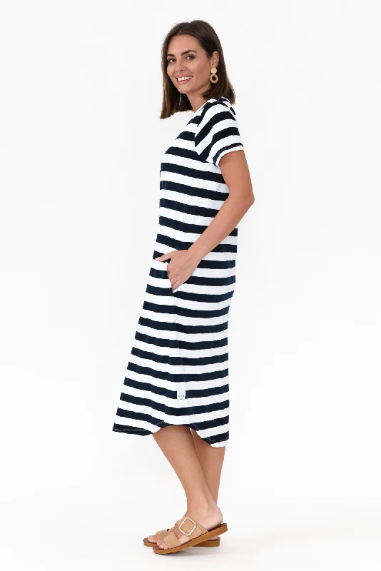 Maeve Navy Stripe Cotton Midi Dress