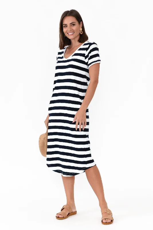 Maeve Navy Stripe Cotton Midi Dress