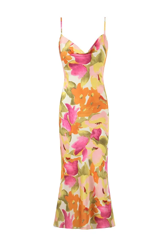 Floral Print Satin Cowl Neck Midi Dress