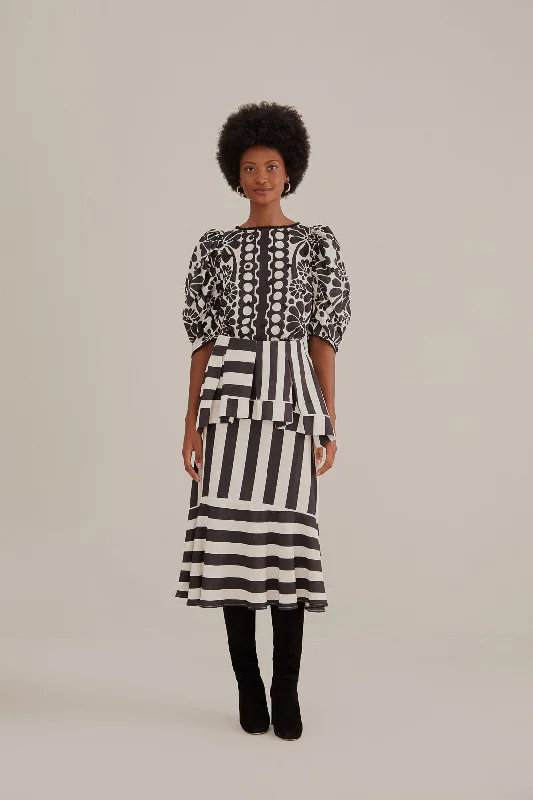 Black Mixed Stripes Midi Skirt