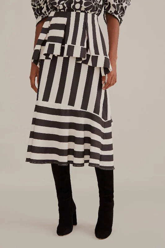 Black Mixed Stripes Midi Skirt