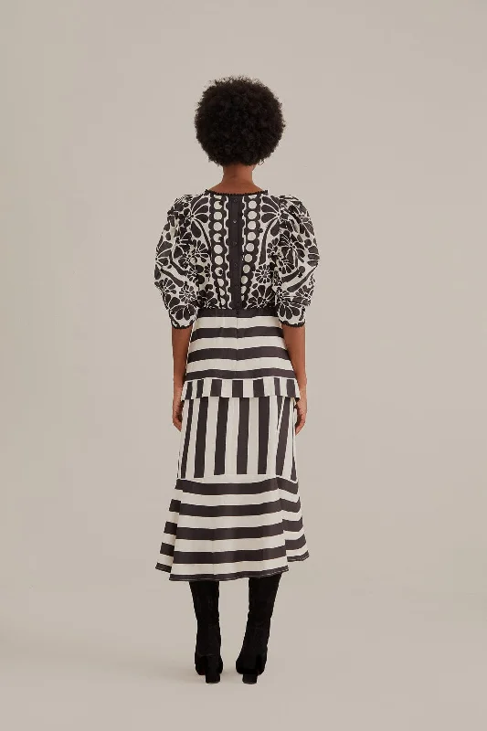 Black Mixed Stripes Midi Skirt