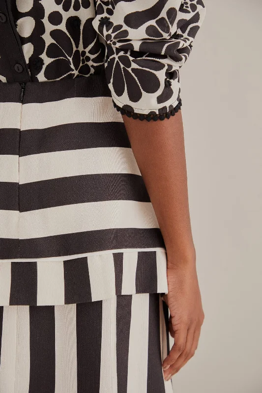 Black Mixed Stripes Midi Skirt