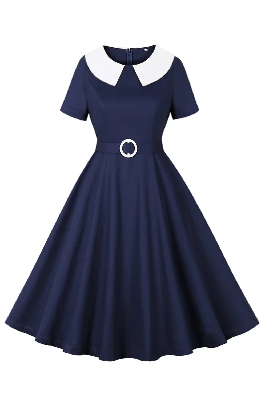 Navy Round Neck A Line Vintage 1950s Dress