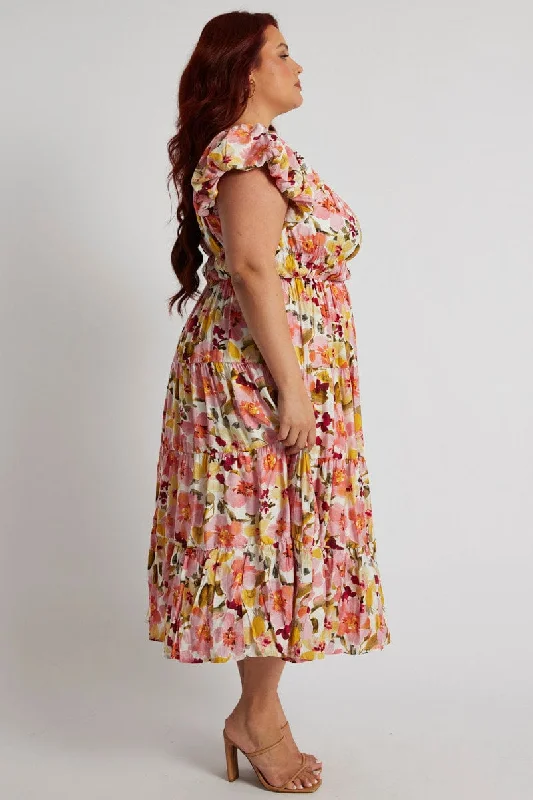 Pink Floral Midi Dress Short Sleeve Ruched