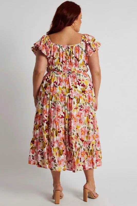 Pink Floral Midi Dress Short Sleeve Ruched