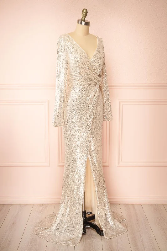 Roxy Champagne | Sequins Long-Sleeved Maxi Dress