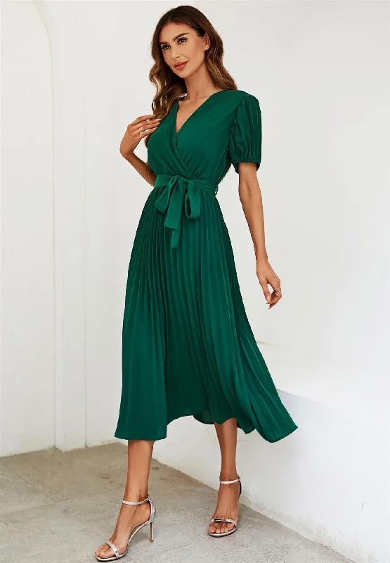 Short Sleeve Wrap Top Pleated Midi Dress In Green