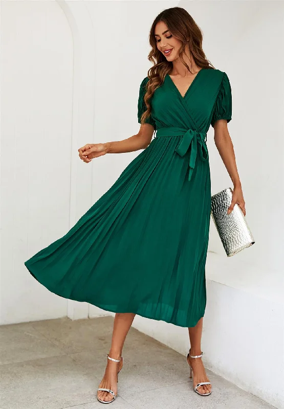 Short Sleeve Wrap Top Pleated Midi Dress In Green