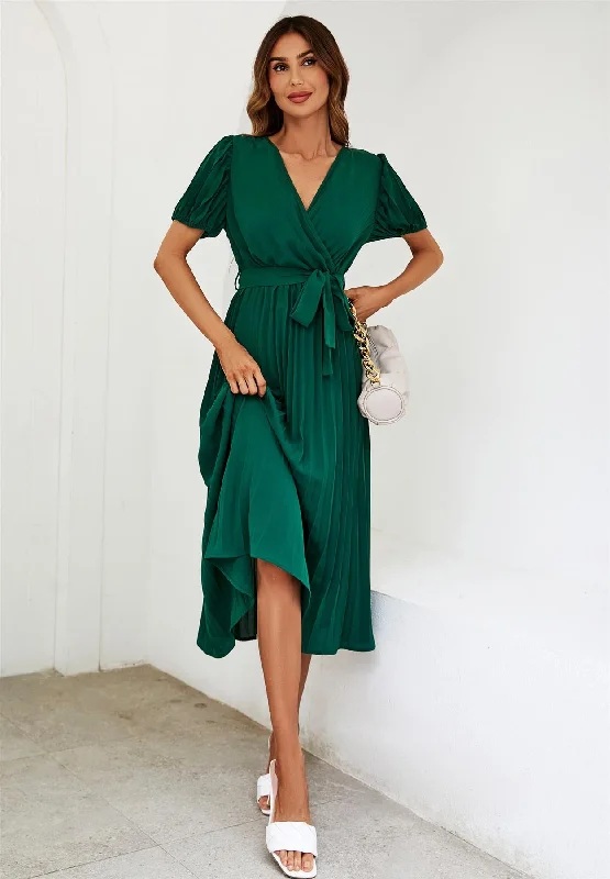 Short Sleeve Wrap Top Pleated Midi Dress In Green