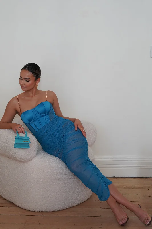 Tiarne Satin And Mesh Corset Midi Dress - Marine Blue