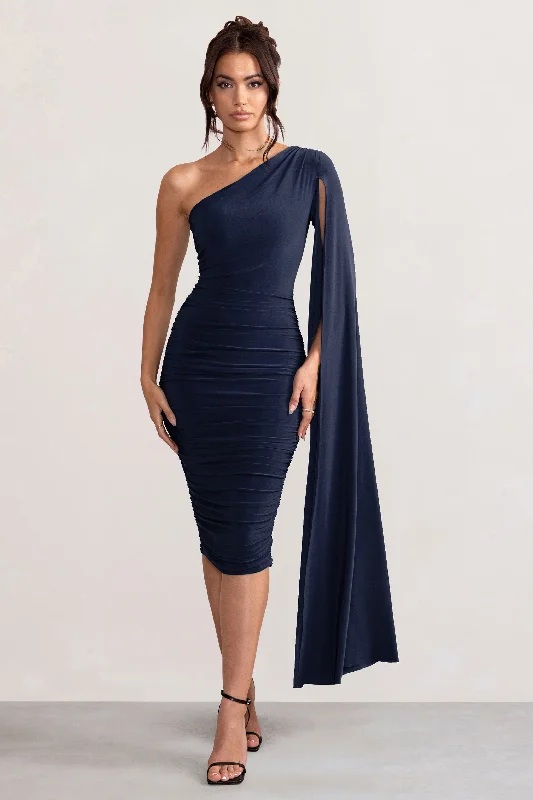 Yara | Navy One Shoulder Cape Ruched Midi Dress