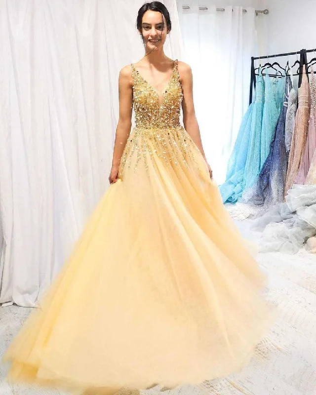 A-line V neck Yellow Sparkly Long Prom Dresses Gorgeous Formal Dresses PSK026