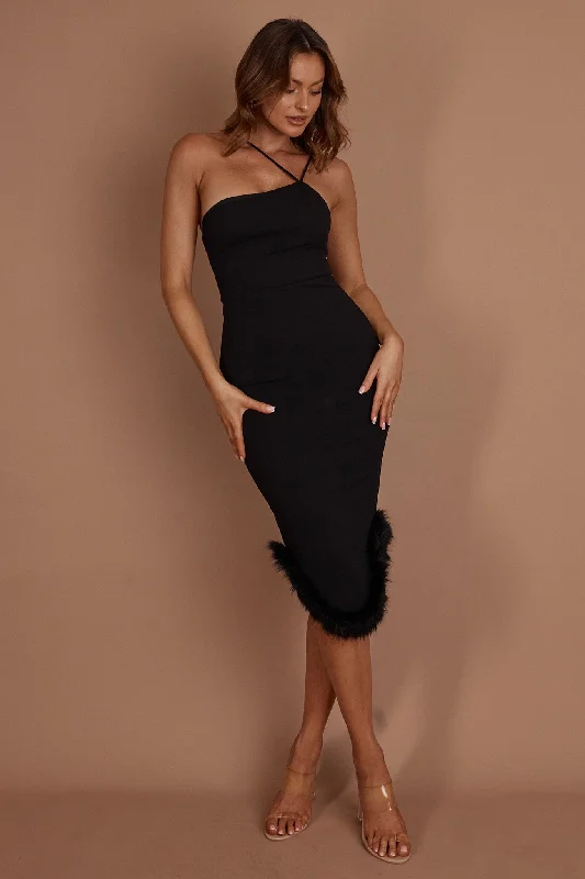 Cloudland Fur Hem Midi Dress Black