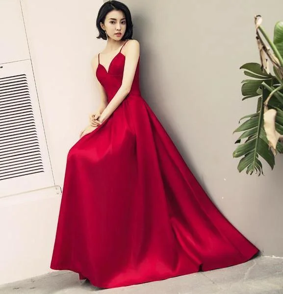 Dark Red Straps Beautiful Satin Simple Prom Dress Evening Dress PSK028