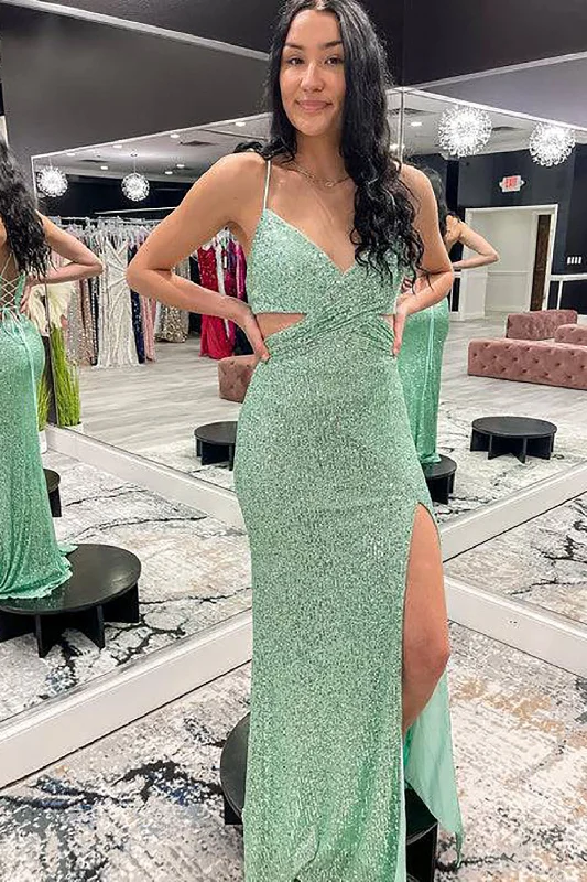 Glitter Light Green Mermaid Long Prom Dress With Slit