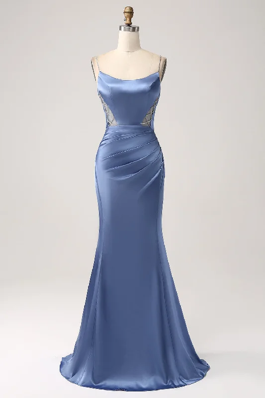 Mermaid Grey Blue Satin Spaghetti Straps Long Prom Dress