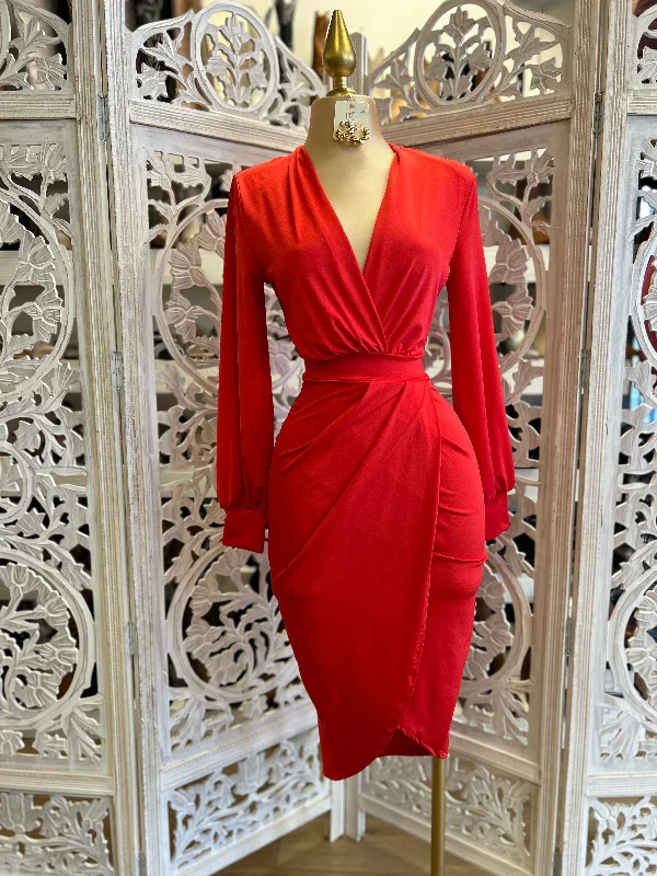 Red  Draped Midi Dress- Very Stretchy