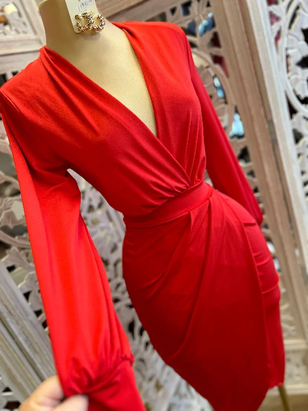 Red  Draped Midi Dress- Very Stretchy