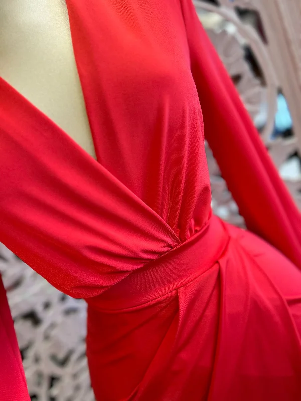 Red  Draped Midi Dress- Very Stretchy