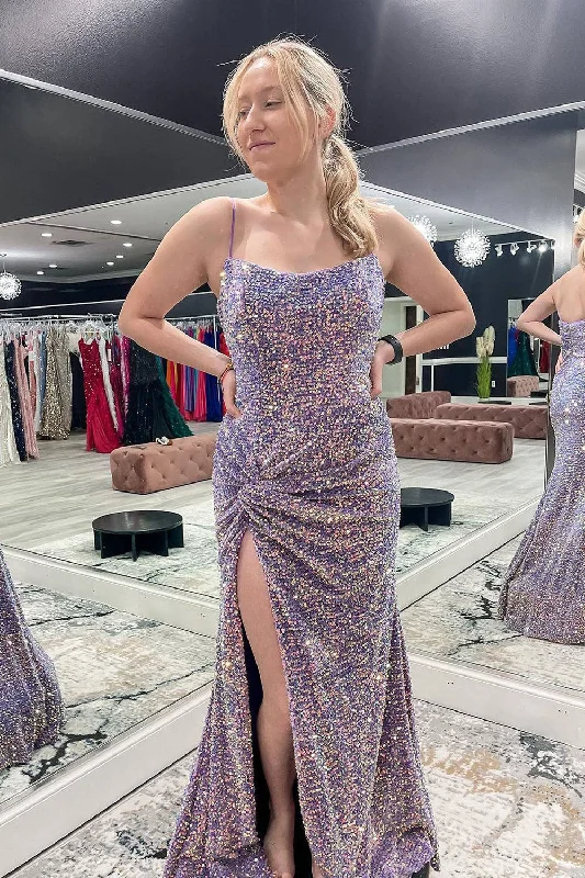 Sparkly Light Purple Mermaid Long Pleated Prom Dress With Slit