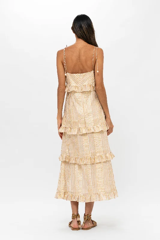 Tie Strap Ruffle Midi- Samoa Tan Gold