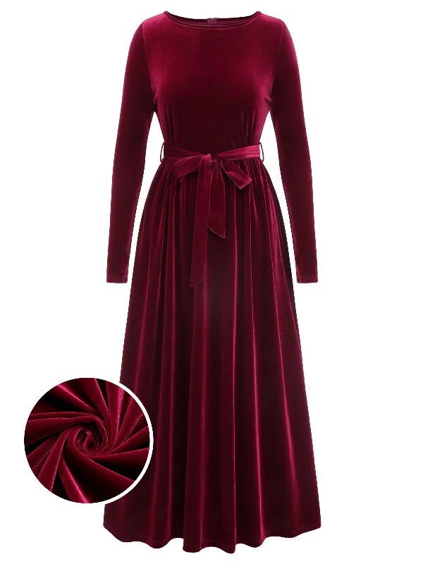 1940s Solid Velvet Belt Long Dress