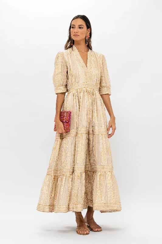 V-Neck Cuffed Maxi- Samoa Tan Gold